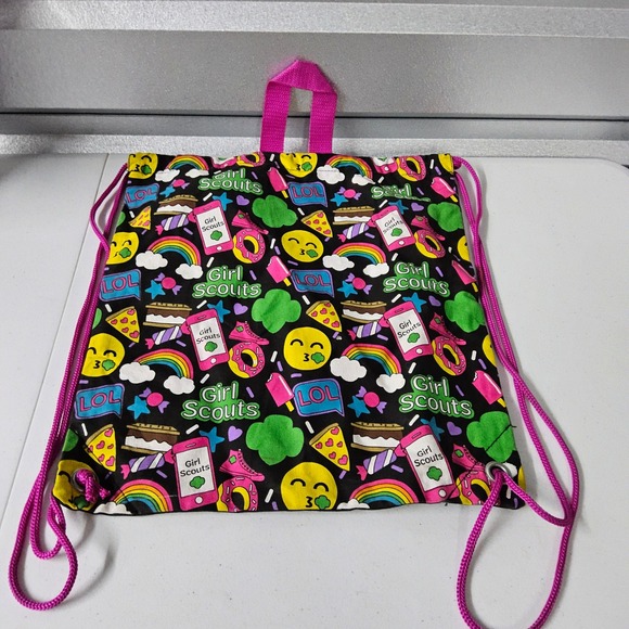 Girl Scouts Drawstring Backpack Emoji‎ Rainbows Pizza Snacks Black Kids - Picture 1 of 5